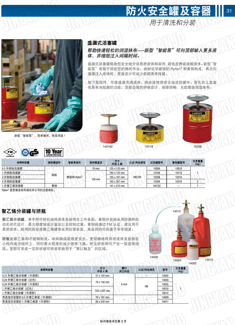 美國杰斯瑞特，JUSTRITE，活塞安全罐，盛漏式活塞罐，化學品分裝罐，